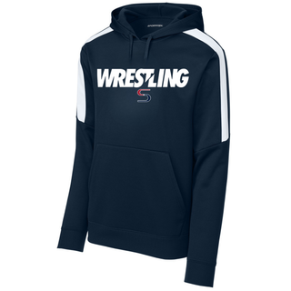 Navy colorblock hooded pullover front view with white shoulder panels, white Wrestling lettering and a red and navy S logo