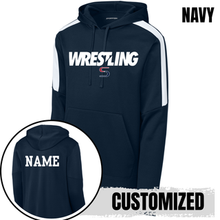 Navy colorblock hooded pullover with white shoulder panels, white Wrestling lettering and a red and navy S logo on the front, with a white name printed on the back