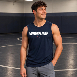 Man in a wrestling room wearing a navy sleeveless competitor tank with white Wrestling lettering and a red and navy S logo on the chest