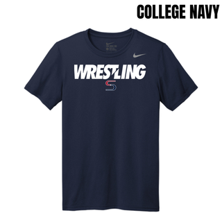 College navy men's rLegend tee with white Wrestling lettering and a red and navy S logo on the chest
