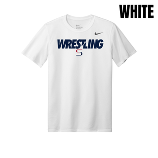 White men's rLegend tee with navy Wrestling lettering and a red and navy S logo on the chest
