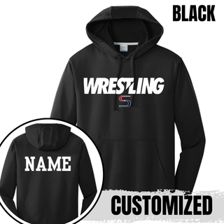 Black performance hoodie with white Wrestling lettering and S logo on the chest and a custom name in white on the back
