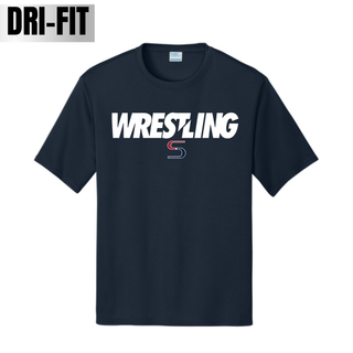 Deep Navy performance tee with bold white Wrestling lettering and a red and navy S logo on the chest