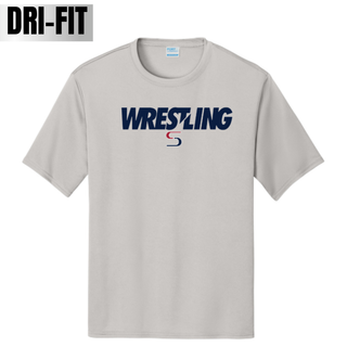 Silver performance tee with bold navy Wrestling lettering and a red and navy S logo on the chest