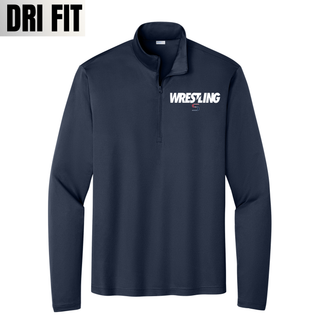 True navy PosiCharge quarter-zip front view with white Wrestling lettering and a red and navy S logo on the left chest