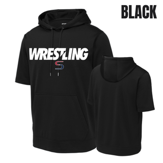 Black short sleeve hooded pullover front and back with white Wrestling lettering and a red and navy S logo on the chest