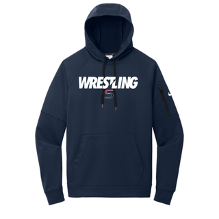 Navy Therma-FIT pocket pullover hoodie with white Wrestling lettering and a red and navy S logo on the chest