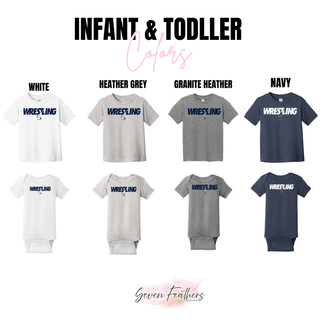 Infant and toddler color chart showing White, Heather Grey, Granite Heather and Navy tees and bodysuits with the Wrestling and S logo