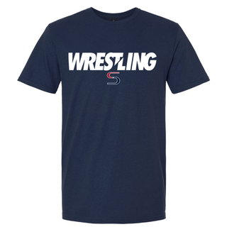 Navy short sleeve tee with bold white Wrestling lettering and a red and navy S logo centered beneath it on the chest