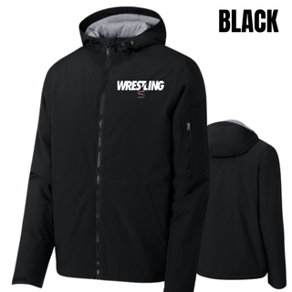 Black waterproof insulated jacket front and back with white Wrestling lettering and a red and navy S logo on the left chest