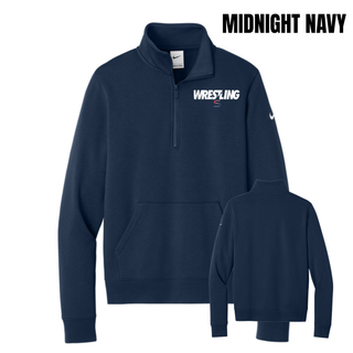 Midnight navy women's club fleece half-zip front and back with white Wrestling lettering and a red and navy S logo on the left chest