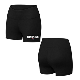 Front and back view of black women's Interval performance shorts with white Wrestling lettering and a red and navy S logo on the left leg