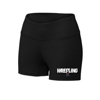 Black women's Interval performance shorts with white Wrestling lettering and a red and navy S logo near the hem of the left leg