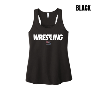Black women's racerback tank with white Wrestling lettering and a red and navy S logo on the chest