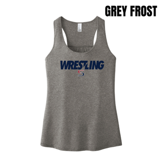 Grey frost women's racerback tank with navy Wrestling lettering and a red and navy S logo on the chest