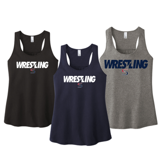 Black, new navy, and grey frost women's racerback tanks together, each with Wrestling lettering and a red and navy S logo on the chest