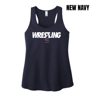 New navy women's racerback tank with white Wrestling lettering and a red and navy S logo on the chest
