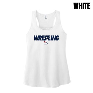 White women's racerback tank with navy Wrestling lettering and a red and navy S logo on the chest