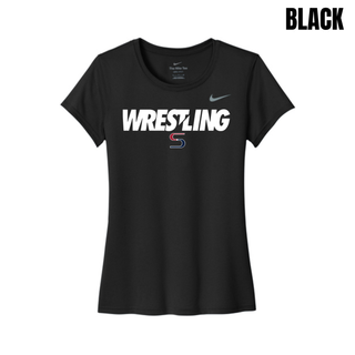 Black women's rLegend tee with white Wrestling lettering and a red and navy S logo on the chest