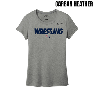 Carbon heather women's rLegend tee with navy Wrestling lettering and a red and navy S logo on the chest