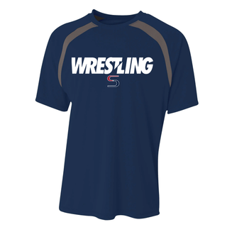 Navy youth colorblock tee with white Wrestling lettering and a red, white, and navy S logo on the front.