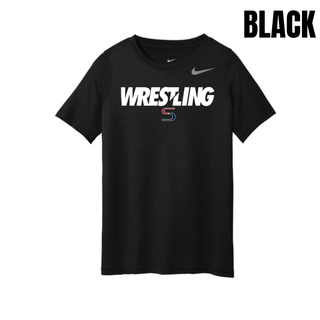 Black youth rLegend tee with white Wrestling lettering and a red and navy S logo on the chest