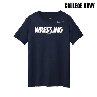 College navy youth rLegend tee with white Wrestling lettering and a red and navy S logo on the chest