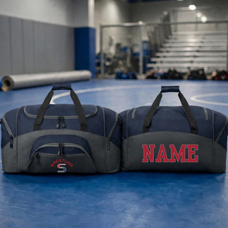 Seaman Vikings Wrestling small sport duffel in navy and dark charcoal, front view