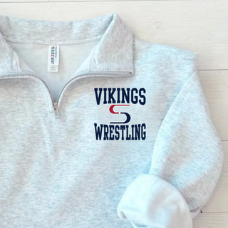 Ash grey cadet quarter-zip flat lay with navy Vikings stacked above a red and navy S logo and navy Wrestling on the left chest
