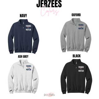 Jerzees color chart showing Navy, Oxford, Ash Grey, Black options, each with Vikings stacked above an S logo and Wrestling