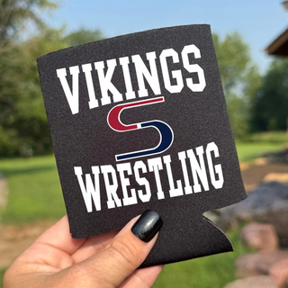 Hand holding a black can koozie with white Vikings stacked above a red and navy S logo and Wrestling