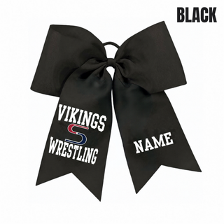 Black grosgrain cheer bow with white Vikings above a red and navy S logo above Wrestling on one tail and a name placeholder on the other