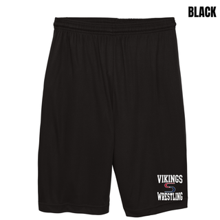 Black cooling performance shorts with white Vikings stacked above a red and navy S logo and white Wrestling near the hem of the leg