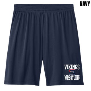 Navy cooling performance shorts with white Vikings stacked above a red and navy S logo and white Wrestling near the hem of the leg