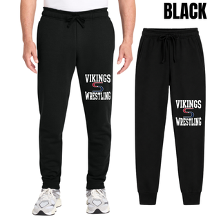Man wearing black core fleece joggers beside a flat pair, with white Vikings stacked above a red and navy S logo and white Wrestling on the leg