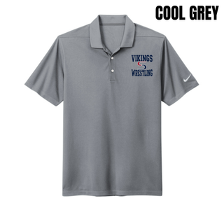Cool Grey Dri-FIT Micro Pique polo with navy Vikings stacked above a red and navy S logo and Wrestling