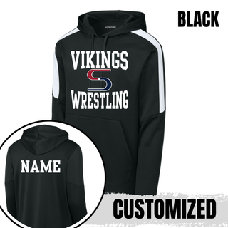 Black colorblock hooded pullover with white Vikings stacked above a red and navy S logo and Wrestling, with a name printed on the back