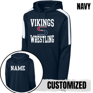 Navy colorblock hooded pullover with white Vikings stacked above a red and navy S logo and Wrestling, with a name printed on the back