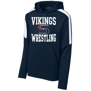 Navy colorblock hooded pullover with white Vikings stacked above a red and navy S logo and Wrestling