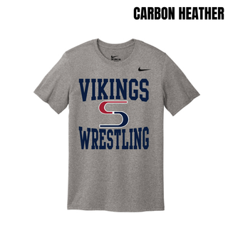 Carbon Heather men's rLegend tee with navy Vikings stacked above a red and navy S logo and Wrestling