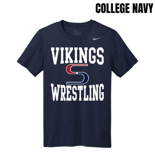College Navy men's rLegend tee with white Vikings stacked above a red and navy S logo and Wrestling