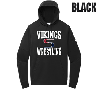 Black men's Therma-FIT pocket pullover hoodie with white Vikings stacked above a red and navy S logo and Wrestling
