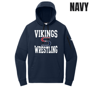 Navy men's Therma-FIT pocket pullover hoodie with white Vikings stacked above a red and navy S logo and Wrestling