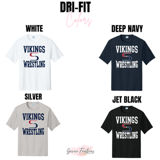 Performance tee color chart showing White, Deep Navy, Silver, and Jet Black tees with Vikings stacked above an S logo and Wrestling