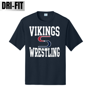 Deep navy performance tee with white Vikings stacked above a red and navy S logo and white Wrestling across the chest
