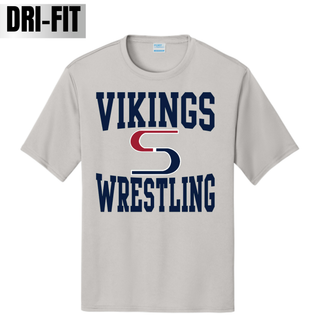 Silver performance tee with navy Vikings stacked above a red and navy S logo and navy Wrestling across the chest