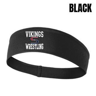 Black PosiCharge headband with white Vikings stacked above a red and navy S logo and Wrestling