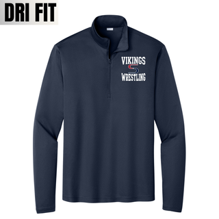 True navy PosiCharge quarter-zip pullover with white Vikings stacked above a red and navy S logo and white Wrestling on the left chest