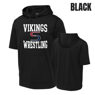 Black short sleeve hooded pullover with white Vikings stacked above a red and navy S logo and Wrestling