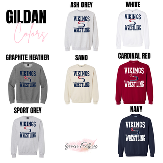 Gildan color chart showing Ash Grey, White, Graphite Heather, Sand, Cardinal Red, Sport Grey, and Navy crewnecks with Vikings stacked above an S logo and Wrestling